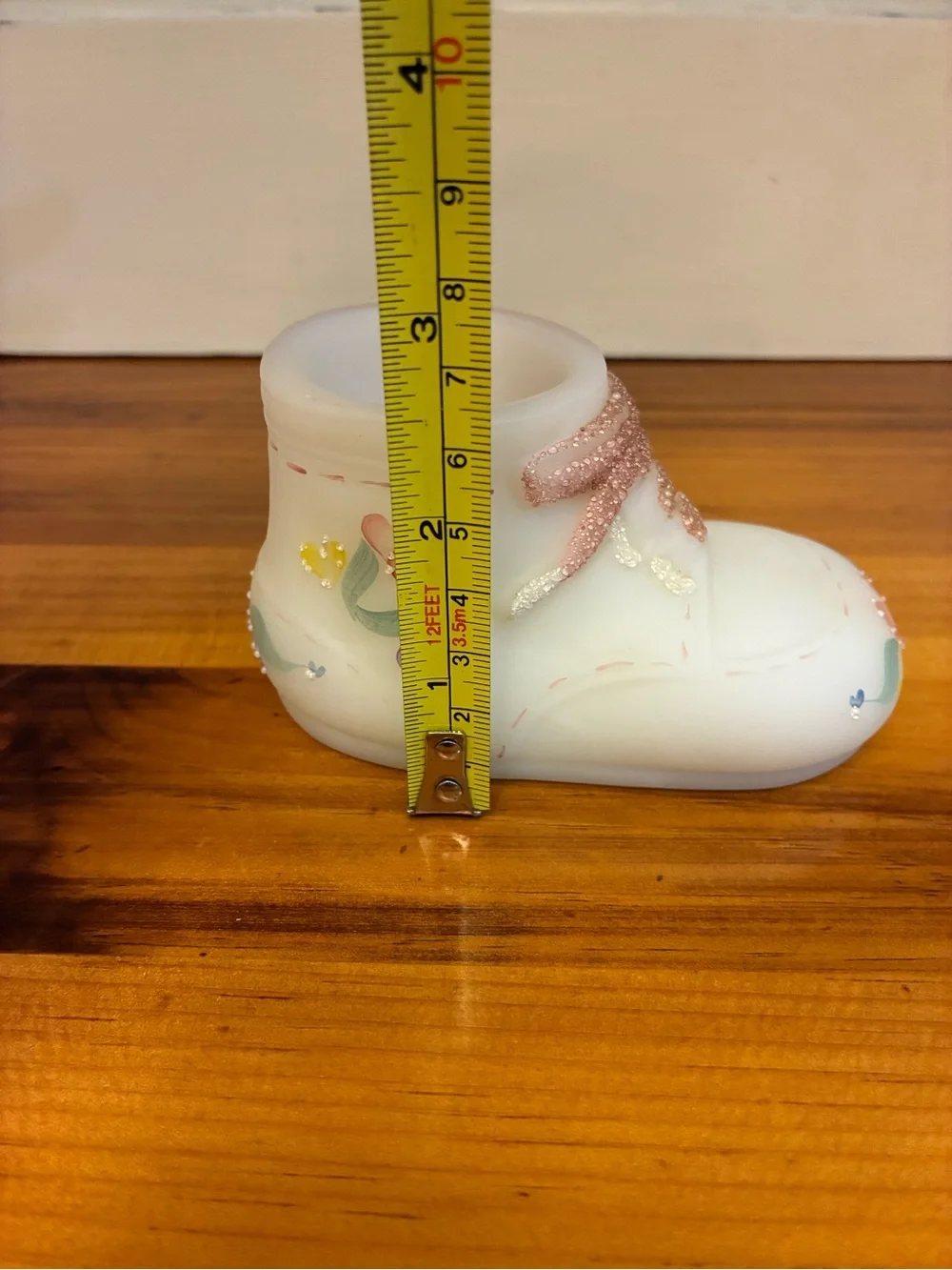 Vintage Fenton Hand-Painted White Satin Glass Baby Bootie Figurine